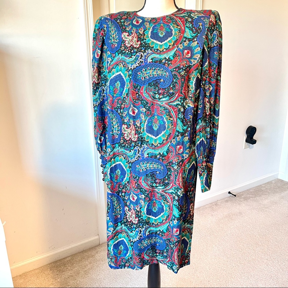Vintage LESLIE FAY Paisley Long Sleeve Lightweight Shift Dress—SZ. 10